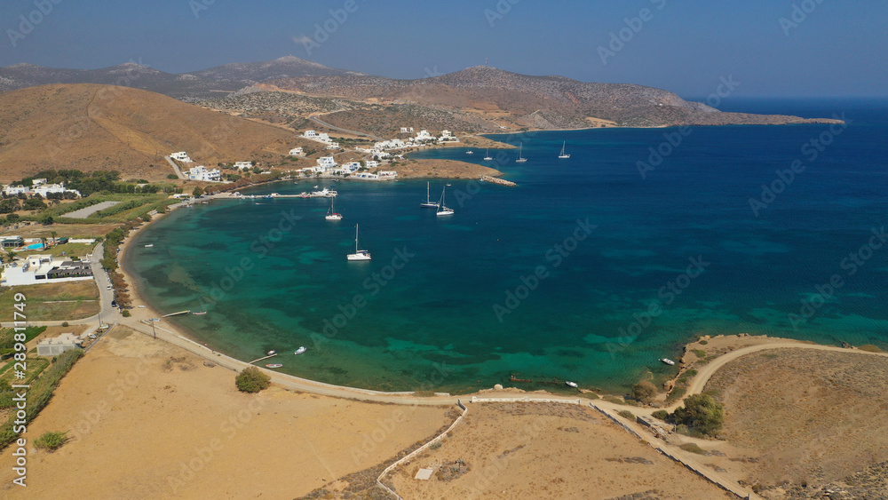 Aerial drone photo of seaside fishing village of Maltezana or Analipsi in famous island of Astypalaia, Dodecanese, Greece