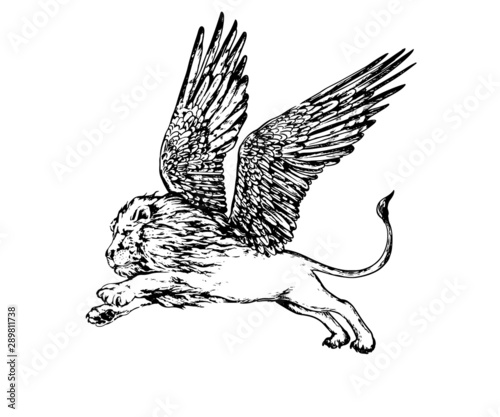 Vintage realistic hand drawn lion with wings character.