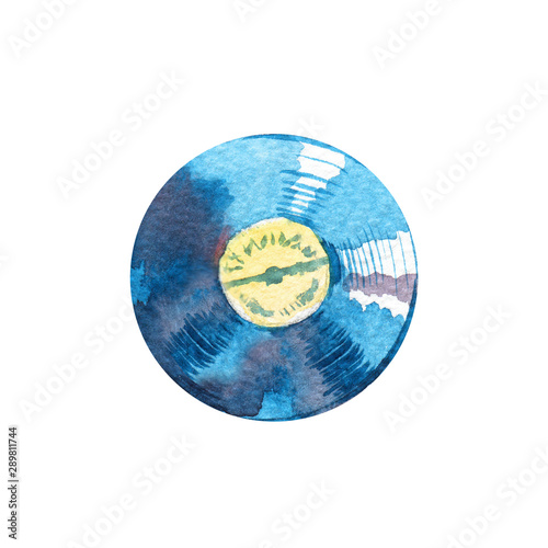 Watercolor illustration of a vinyl lp retro records with yellow music label isolated on white background