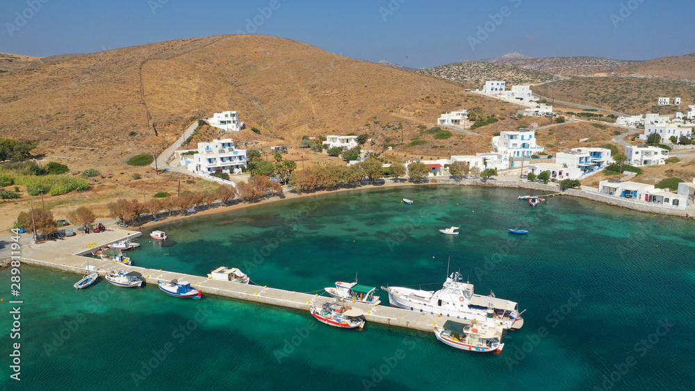 Obraz premium Aerial drone photo of seaside fishing village of Maltezana or Analipsi in famous island of Astypalaia, Dodecanese, Greece