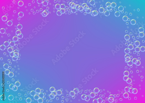 Bubble background with shampoo foam and detergent soap. Bright spray and splash. Realistic water frame and border. 3d vector illustration banner. Purple colorful liquid bubble background.