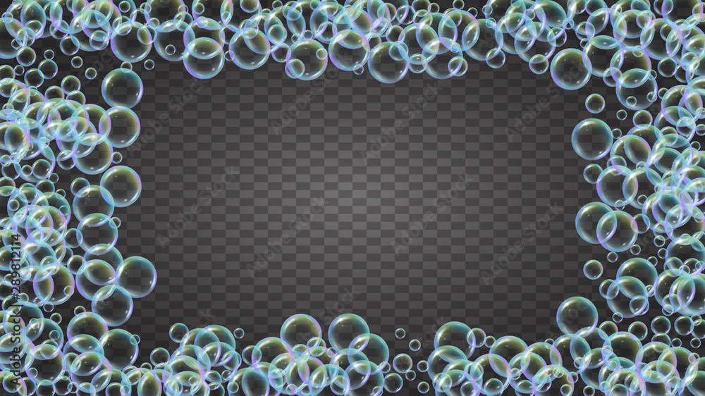 Bubble foam. Detergent and shampoo suds for bath. Soap. Stylish spray and splash. Realistic water frame and border. 3d vector illustration invite. Isolated colorful liquid bubble foam. Bubble foam. Detergent and shampoo suds for bath. Soap. Stylish spray and splash. Realistic water frame and border. 3d vector illustration invite. Isolated colorful liquid bubble foam.