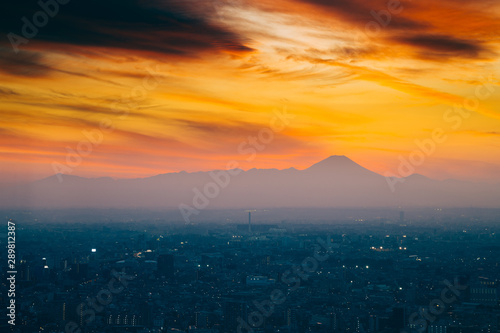 Mountain fuji and cityscape at sunset in Tokyo, Japan