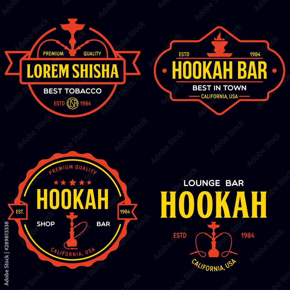 Set of hookah labels, badges and design elements. Hookah club. Shisha bar. Hookah lounge logo. Hookah pipes.