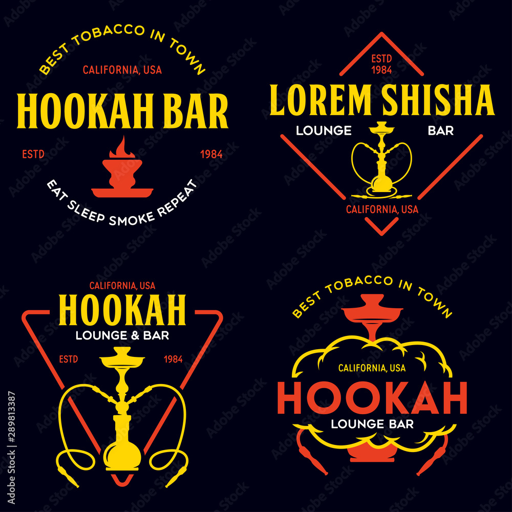 Naklejka premium Set of hookah labels, badges and design elements. Hookah club. Shisha bar. Hookah lounge logo. Hookah pipes.