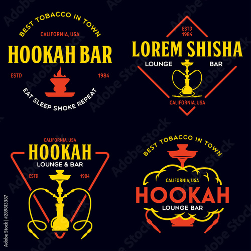 Set of hookah labels, badges and design elements. Hookah club. Shisha bar. Hookah lounge logo. Hookah pipes.