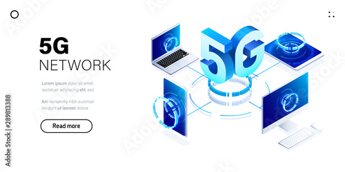 5G network wireless technology illustration. Mobile internet of next generation. Isometric futuristic hi-tech smartphone with big letters. Web page design template