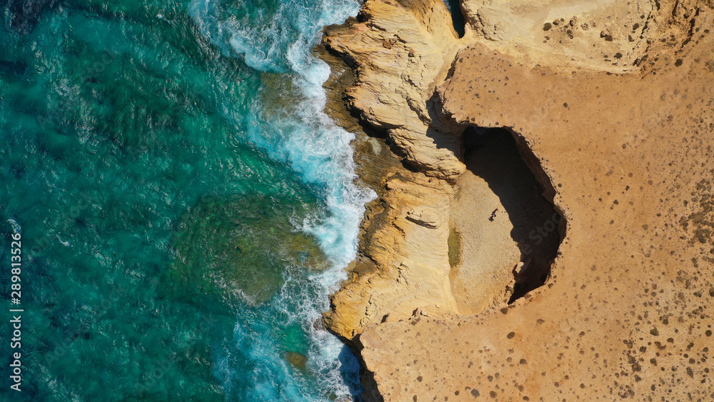 Aerial drone photo of volcanic formations of Gala rocky seascape in Pano Koufonisi island, Small Cyclades, Greece