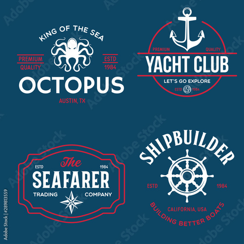 Set of sea and nautical typography badges and design elements. Templates for company logo. Marine cruise, yacht club, trading companym, shipbuilding and other themes.