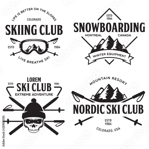 Vintage ski or winter sports logos, badges, emblems, design elements. Vector illustration. Monochrome Graphic Art.