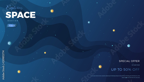 Space background design. Cute flat style banner template with stars, planets in deep Cosmos