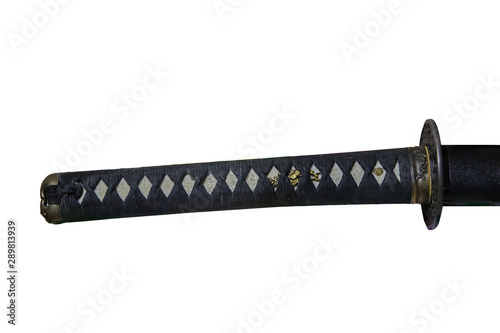 Close-up photo of a katana's tsuka isolated on white screen. The tsuka is the hilt or handle of a Japanese sword.