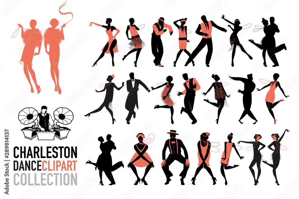 Fototapeta premium Kolekcja clipartów taniec Charleston. Zestaw tancerzy jazzowych na białym tle.