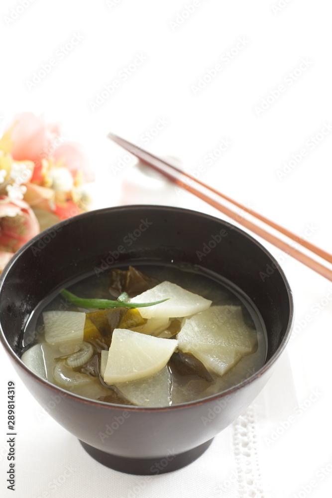 Japanese food, radish and wakeme seaweed miso soup Japanese food, radish and wakeme seaweed miso soup