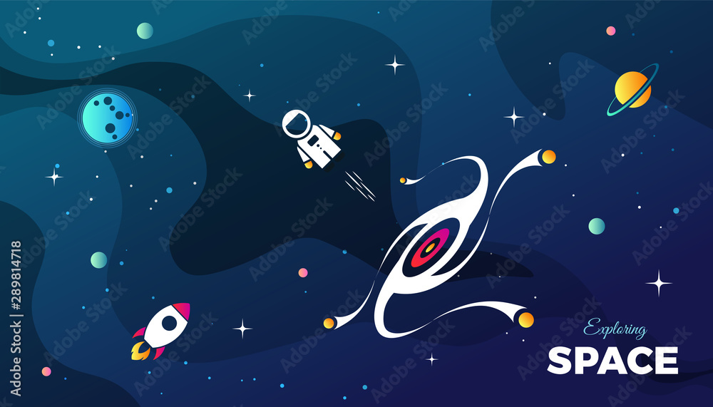 Space exploration modern background design with a Galaxy, Astronaut, Rocket, Moon, Planets and Stars in cosmos. Cute blue color template for website page or banner vector illustration Space exploration modern background design with a Galaxy, Astronaut, Rocket, Moon, Planets and Stars in cosmos. Cute blue color template for website page or banner vector illustration