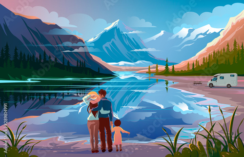 Happy family standing near lake looking away Family vacation travel, holiday camping trip