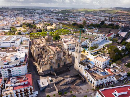 View from drone of Jerez de la Frontera with Cathedral and Moorish alcazar