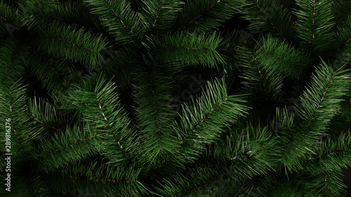 Fototapeta Naklejka Na Ścianę i Meble -  Branches of green spruce, pine cones on nature, black background-3D render. New year greeting card, poster. Holiday banner 2020 with copy space for Christmas, new year, winter holidays, sales days.