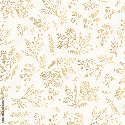 Golden vintage floral pattern with nature elements. Vector illustration. Christmas motif.