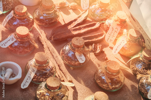 Historical reconstruction of the sale of spices in the old Bazaar. Herbs, spices and condiments with signed tags. © Андрей Журавлев