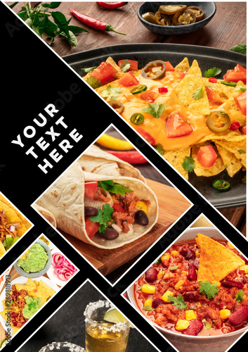 Mexican Food Collage design template. Many dishes of the cuisine of Mexico, a layout for a restaurant menu cover, a banner, poster, flier, etc
