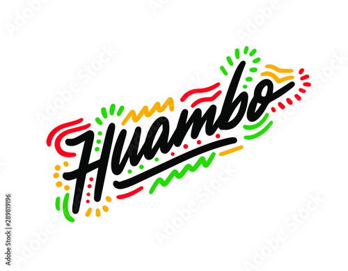 Huambo Word Text Creative Handwritten Font and Swoosh Shape Design Vector Illustration. photo