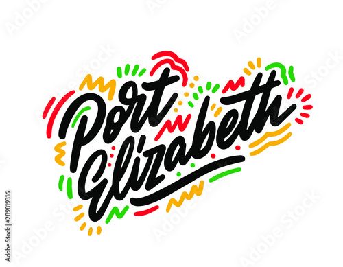 Port Elizabeth Word Text Creative Handwritten Font and Swoosh Shape Design Vector Illustration.