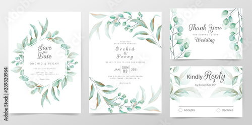 Eucalyptus wedding invitation cards template with watercolor herbs leaves decorative. Greenery floral frame save the date