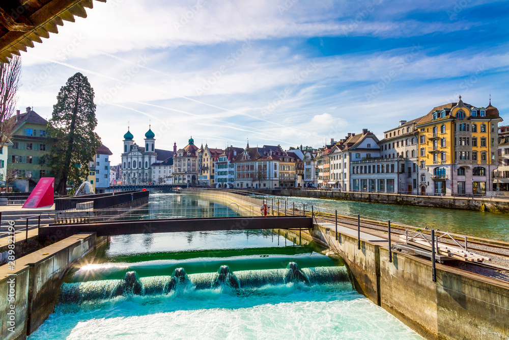Beautiful old town architecture over Reuss river in Lucerne city, Switzerland