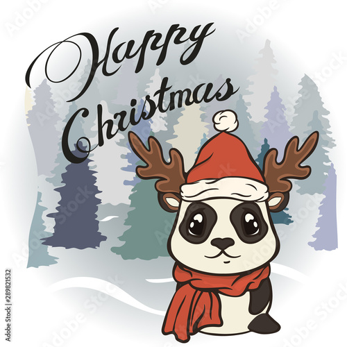 Christmas cartoon panda character in Santa's hat and scarf with  antlers vector image. Merry Christmas greeting card with fun panda. Funny winter card with a cartoon panda. New Year's poster.