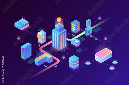 Smart Digital Virtual City and Stream Data Center Blockchain Technology Isometric vector illustration concept.