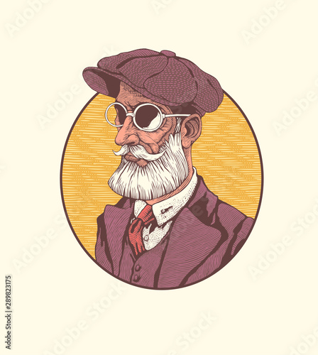 Bearded man in a cap and round glasses. Retro emblem. Vector illustration.