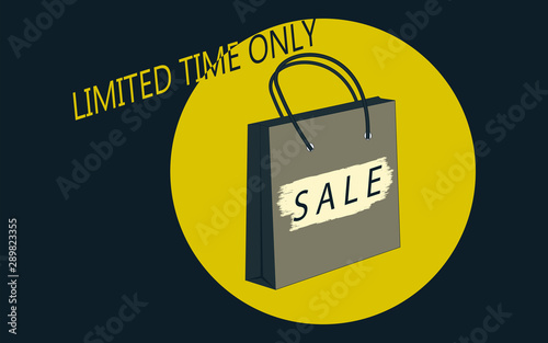Sale, limited time - shopping bag abstract decor, yellow black background - vector.