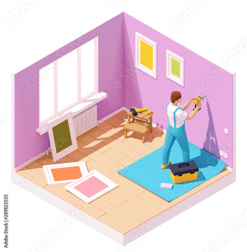 Vector isometric worker drilling wall