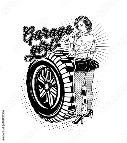 Pin Up Girl Illustration With Wheel. Garage Girl.