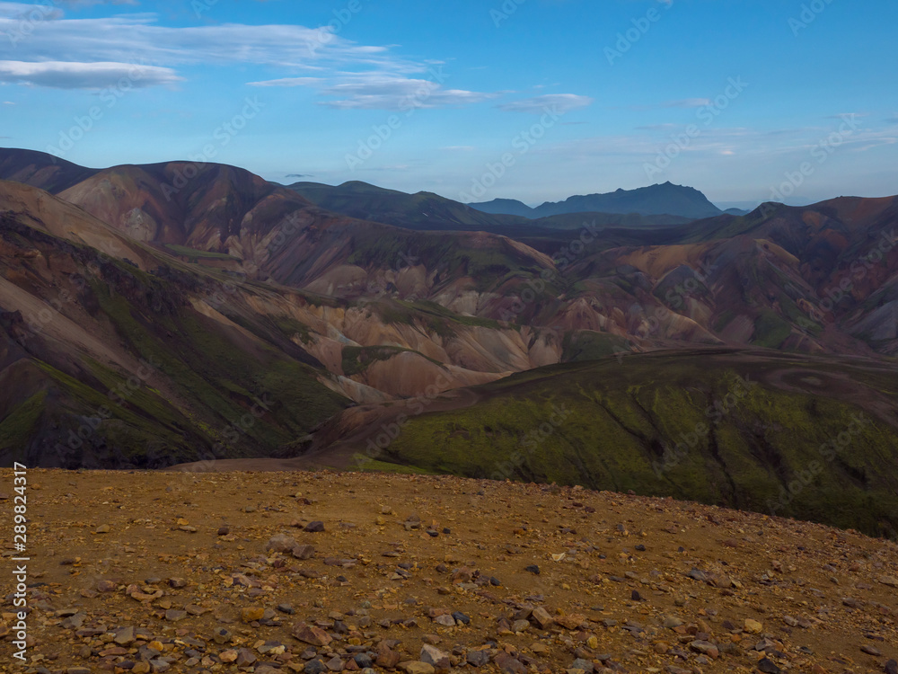 Colorful Rhyolit mountain panorma with multicolored volcanos in Landmannalaugar area of Fjallabak Nature Reserve in Highlands region of Iceland