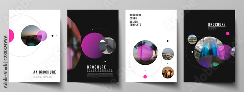 Vector layout of A4 format modern cover mockups design templates for brochure, flyer, booklet, report. Simple design futuristic concept. Creative background with circles that form planets and stars.