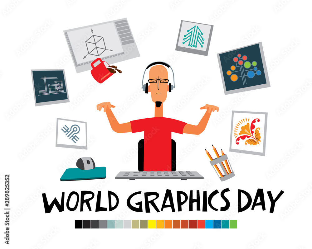 World Graphics Day. Greeting card. Designer guy creates graphic masterpieces at the computer. Vector full color graphics World Graphics Day. Greeting card. Designer guy creates graphic masterpieces at the computer. Vector full color graphics