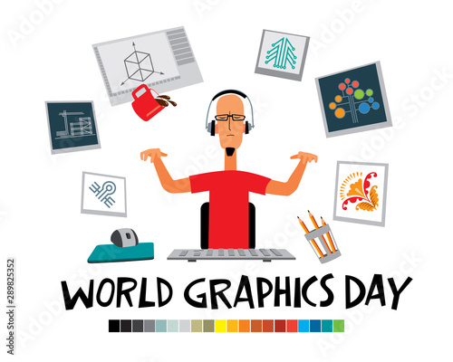 World Graphics Day. Greeting card. Designer guy creates graphic masterpieces at the computer. Vector full color graphics