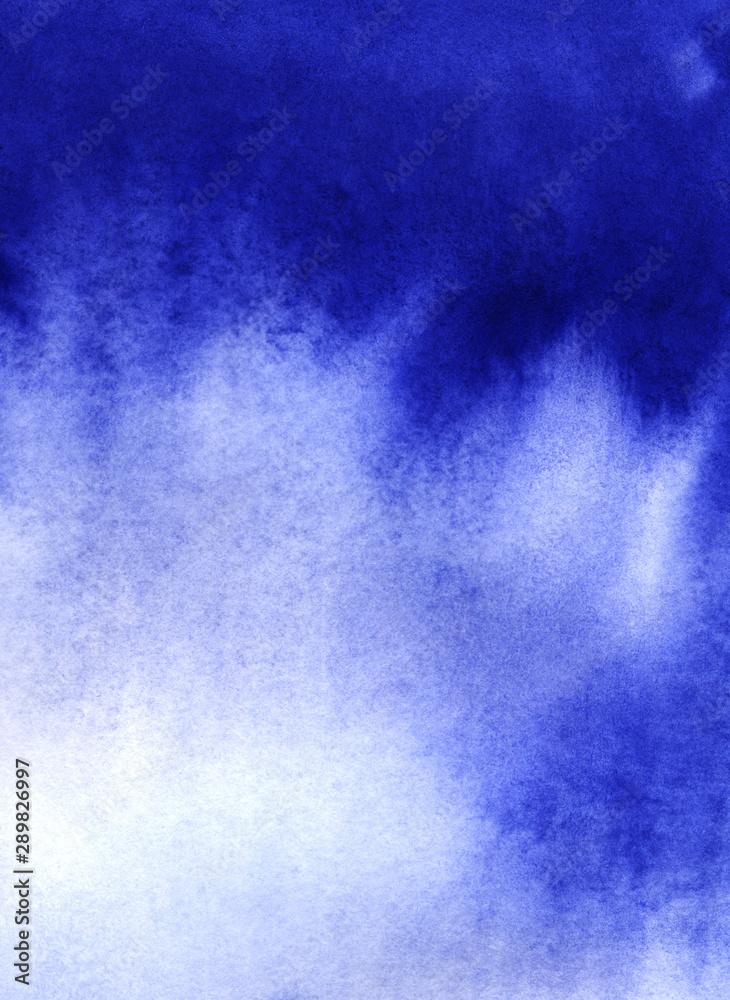 Abstract watercolor background. Monochrome gradient fill with granulation effect. Saturated ultramarine. One color. Hand-drawn on texture paper