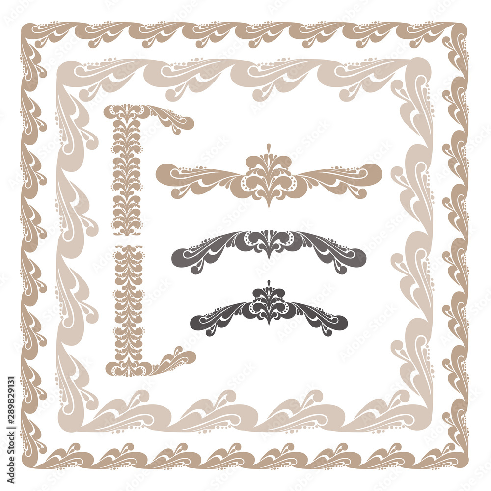 Vector set of ornate decorative elements: page decoration, initial letter,  vignette, antique and baroque frames. Ornament collection isolated on white  background for design template Stock Vector | Adobe Stock