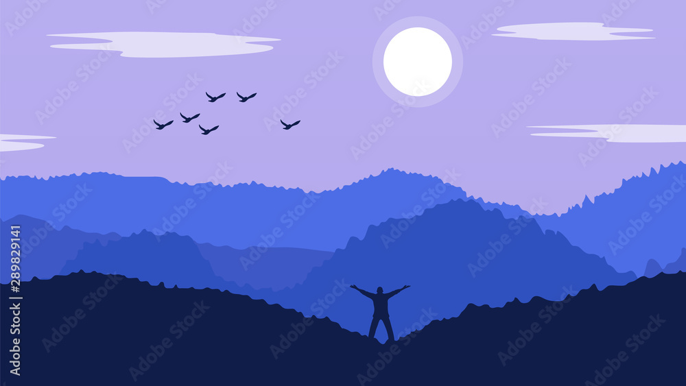 Fototapeta premium Man stood on mountain landscape Vector
