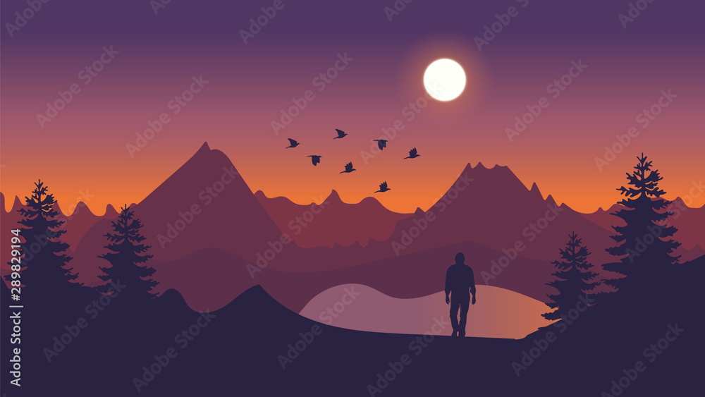 Fototapeta premium Man stood on mountain landscape Vector