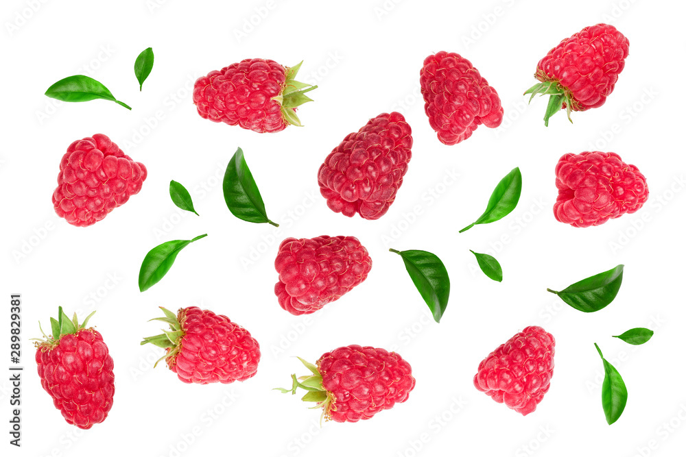raspberries with leaves isolated on white background. Top view. Flat lay raspberries with leaves isolated on white background. Top view. Flat lay