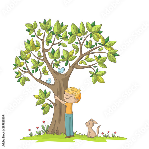 Boy hugs a tree. Hand draw vector illustration with separate layers.