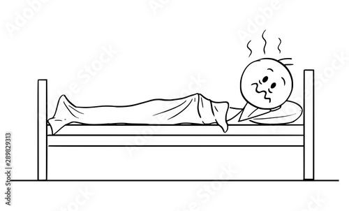 Vector cartoon stick figure drawing conceptual illustration of tired man with insomnia lying in bed in night and can't sleep.
