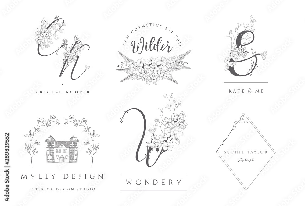 Vector set of line design elements for floral logos, monograms and frames and border. Decorated with detailed delicate flowers and brunches