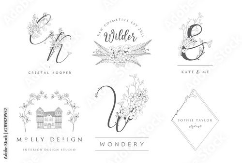Vector set of line design elements for floral logos  monograms and frames and border. Decorated with detailed delicate flowers and brunches