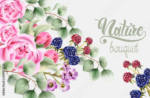 Wild nature watercolor flowers bouquet vector. Delicate postcard