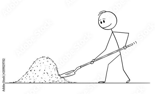Vector cartoon stick figure drawing conceptual illustration of man or construction worker or builder with shovel shoveling big pile of dirt or sand.